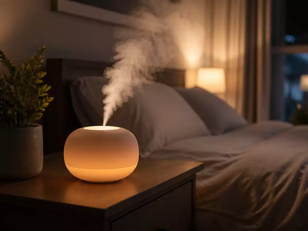 Warm mist humidifier releasing steam in a cozy bedroom with soft lighting