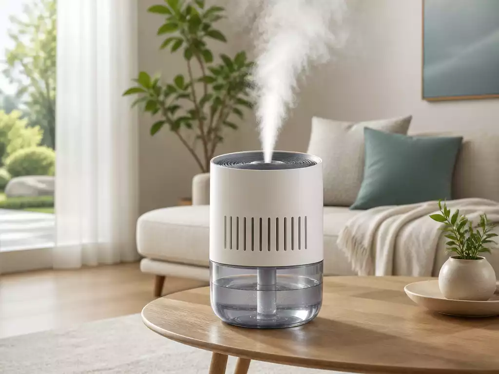 Modern evaporative humidifier with visible mist, in a contemporary living room with soft natural lighting
