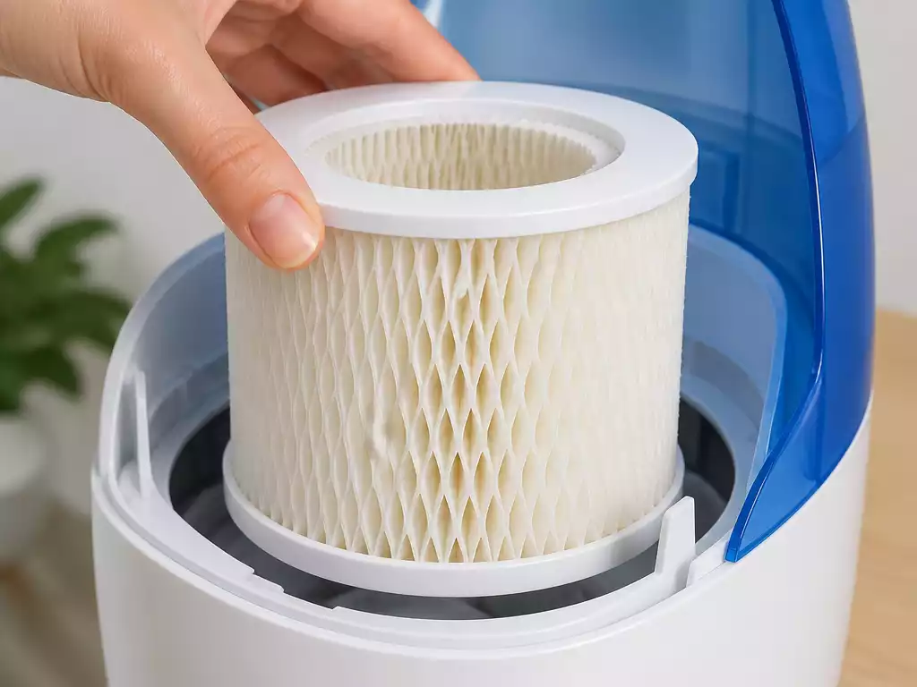 Close-up of a Vicks humidifier filter being installed into a humidifier unit, clean and well-lit setting