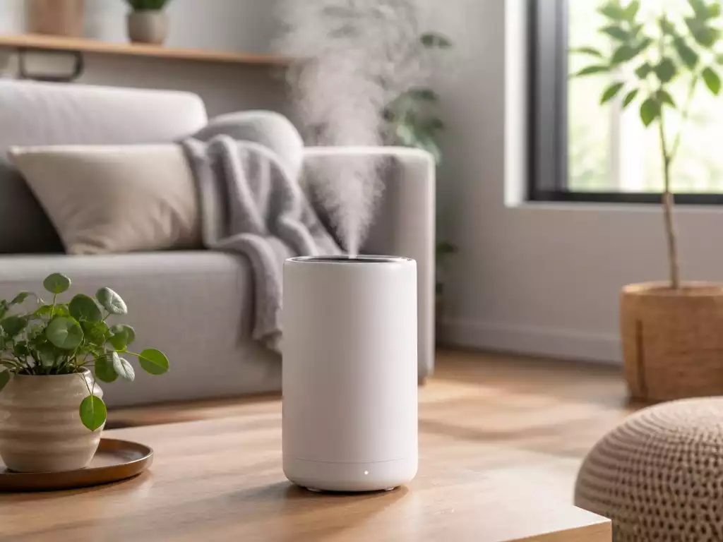 Modern humidifier releasing a fine mist in a cozy living room setting