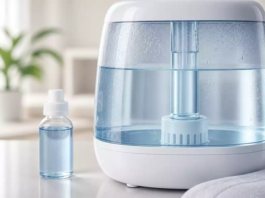 Close-up of a humidifier tank with clean, treated water and a bacteriostat bottle nearby, indicating hygiene and health, no text, no words, no typography, no labels, clean image