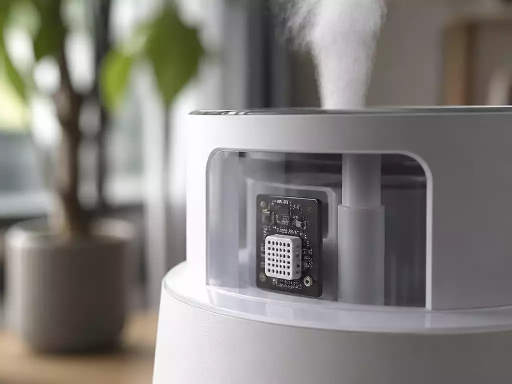 Close-up of a humidifier sensor, highlighting its intricate design and technology in a modern home setting
