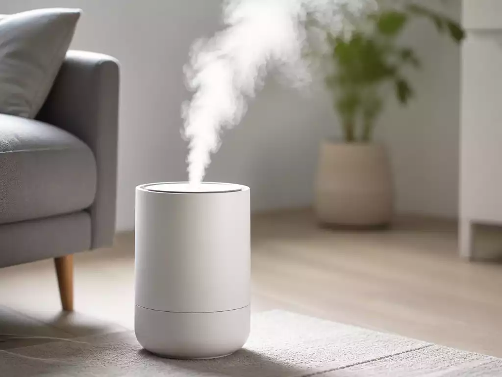 Modern humidifier creating a fine mist in a clean, minimalist home environment