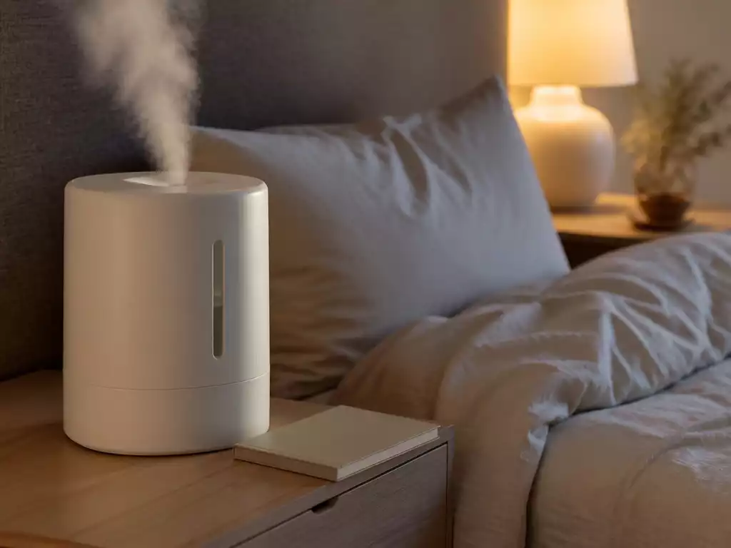 Modern humidifier creating a fine mist in a cozy bedroom with soft lighting
