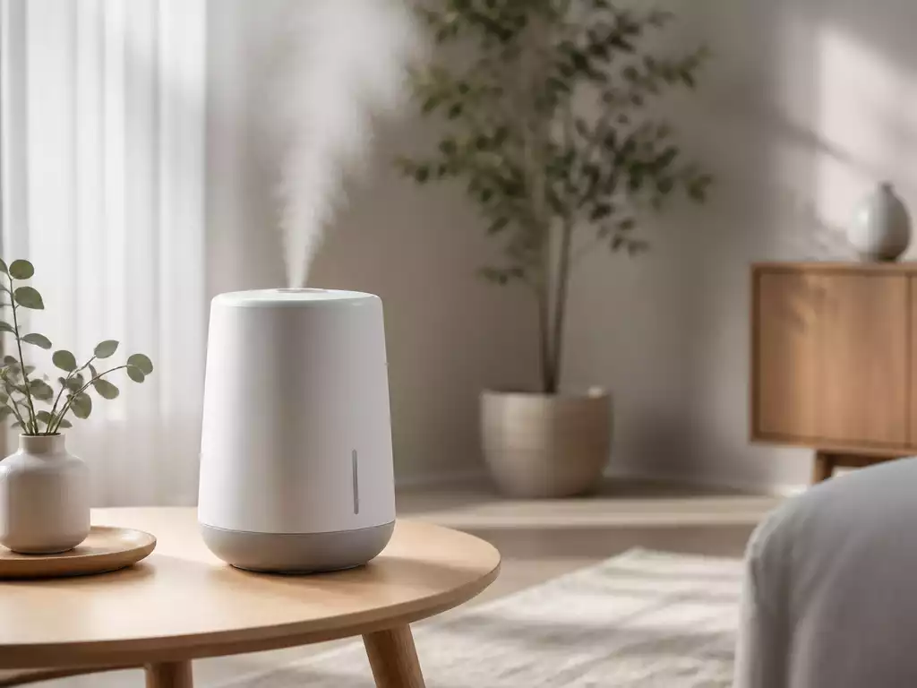 Modern humidifier running in a clean, minimalist room, emitting a fine mist, with soft, natural light, no text, no words, no typography, no labels, clean image