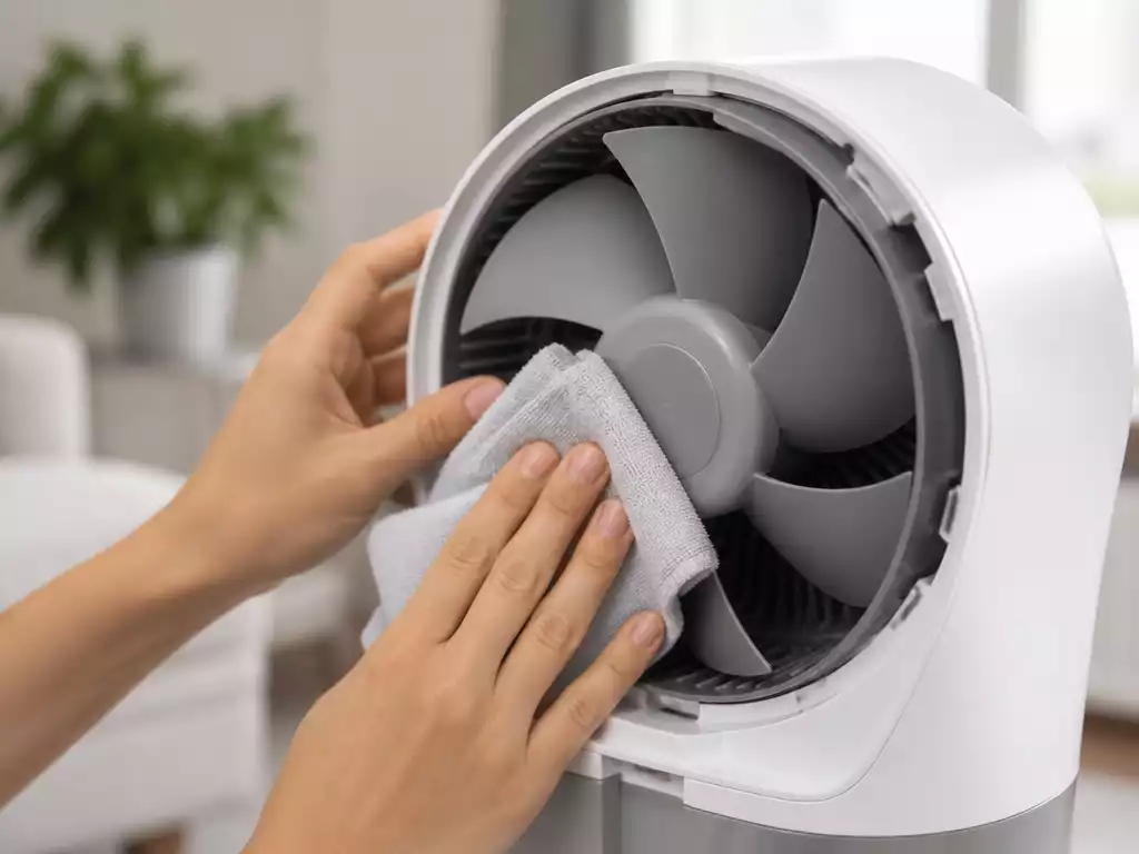 Close-up of a humidifier fan being cleaned, showing hands gently wiping the blades with a cloth, with a clean and fresh room background