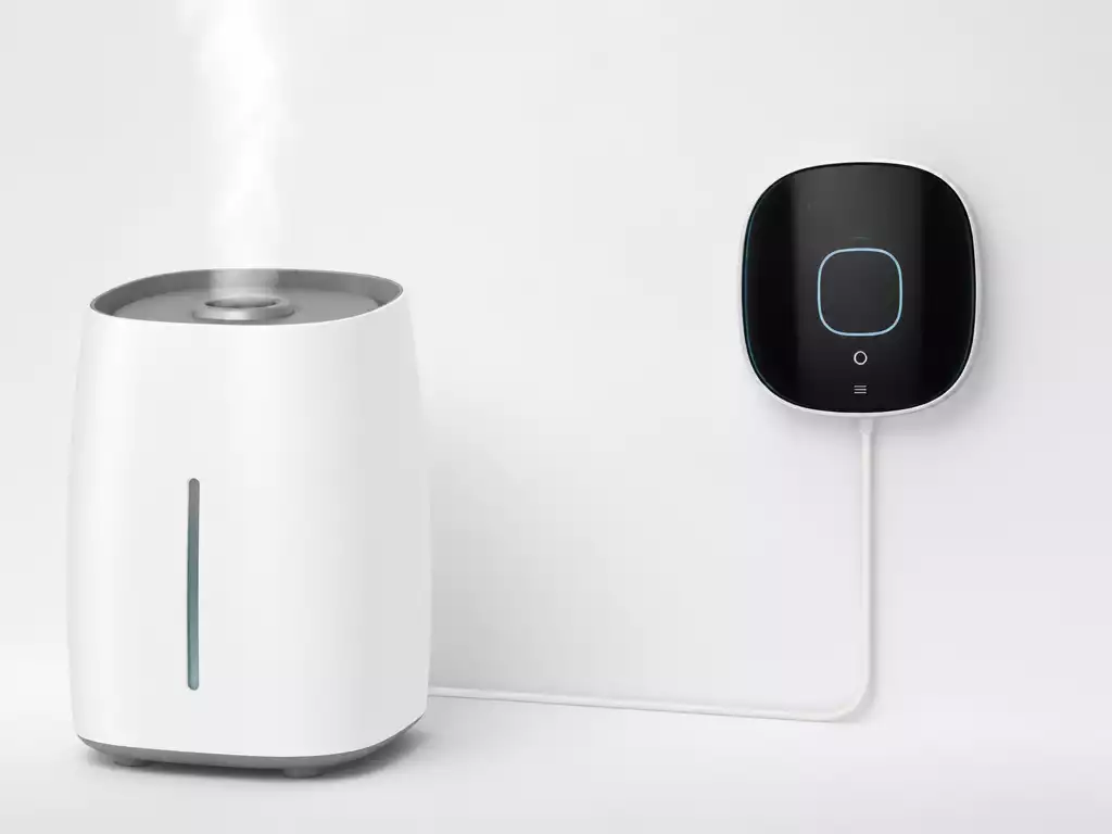 Modern humidifier connected to an Ecobee thermostat, showing smart home integration