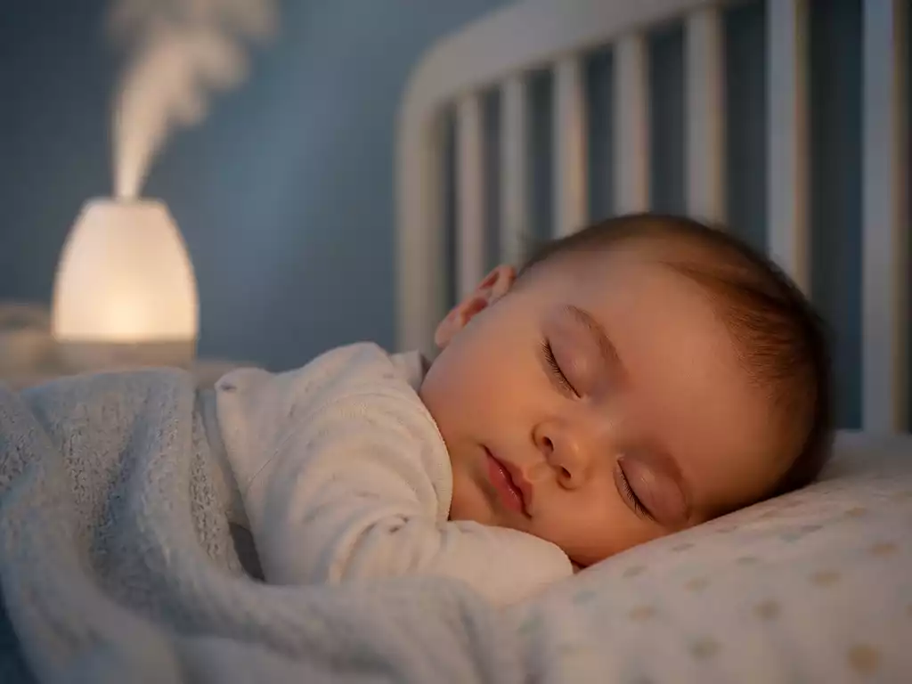 Close-up of a baby sleeping peacefully in a crib with a subtle humidifier mist in the background
