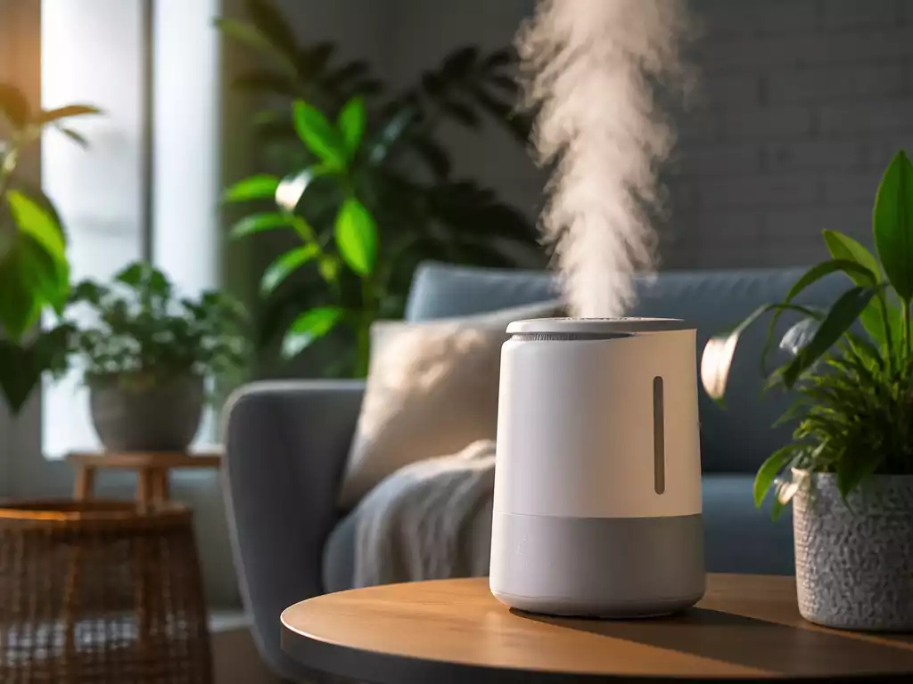 Modern humidifier creating a fine mist in a cozy living room, surrounded by green plants