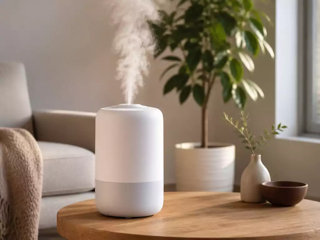 Humidifier with mist visible in a clean, modern room setting