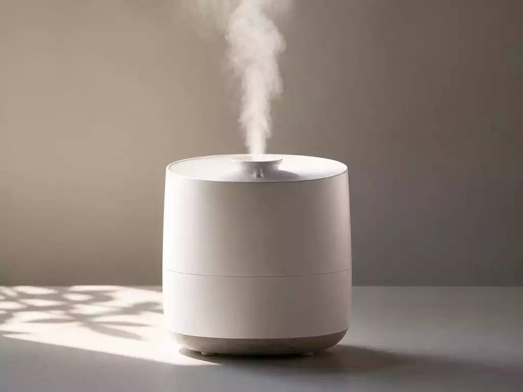 Close-up of a modern, clean humidifier operating quietly with a gentle mist, soft lighting, no text, no words, no typography, no labels, clean image