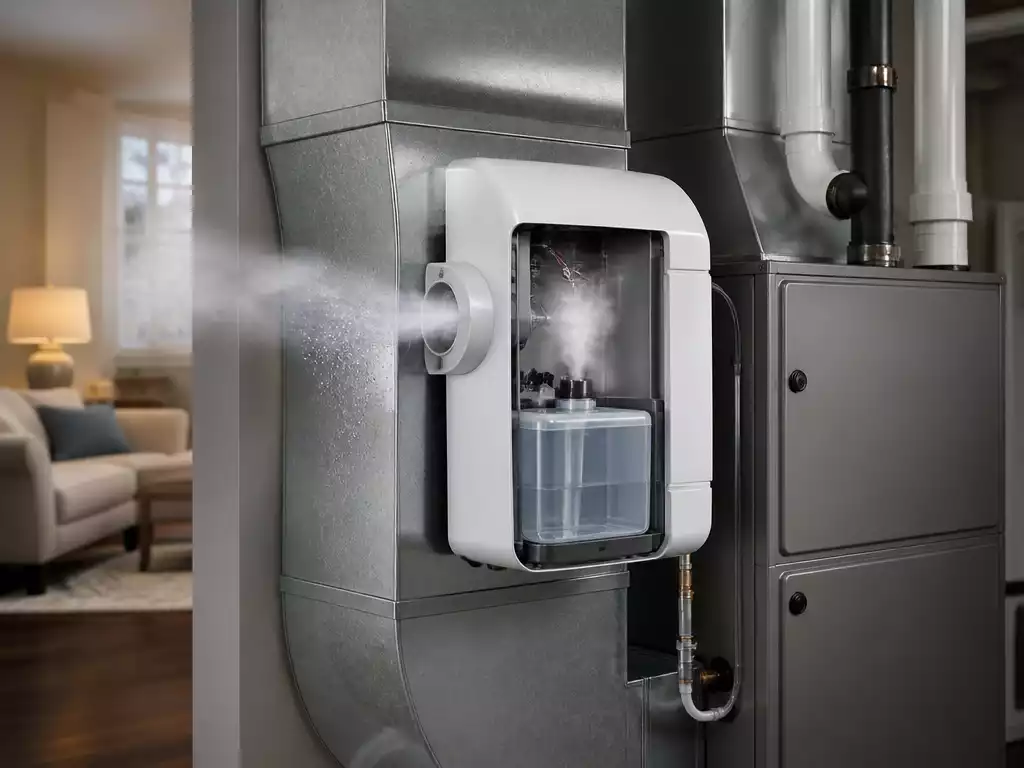 Modern furnace humidifier integrated into a home's HVAC system, showing moisture being added to the air