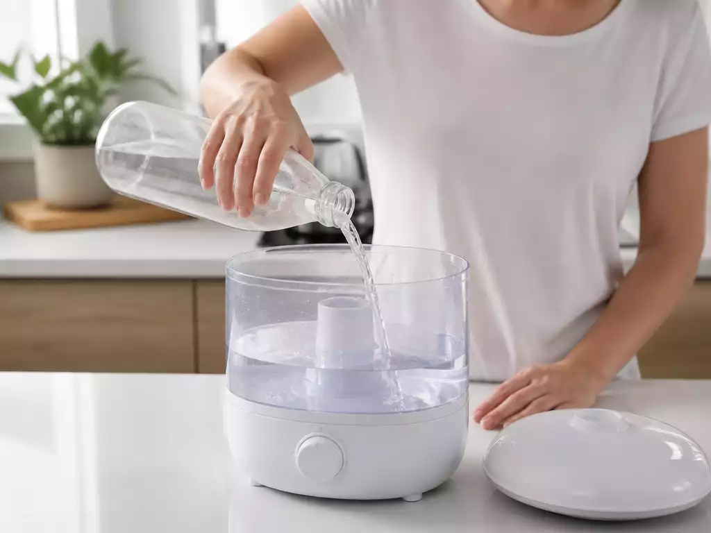 Person filling a modern humidifier with distilled water in a kitchen setting