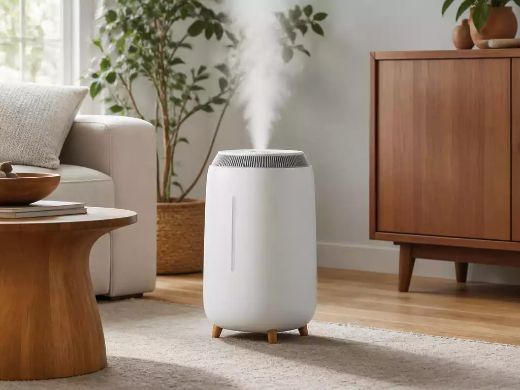 Modern evaporative humidifier running in a comfortable home environment