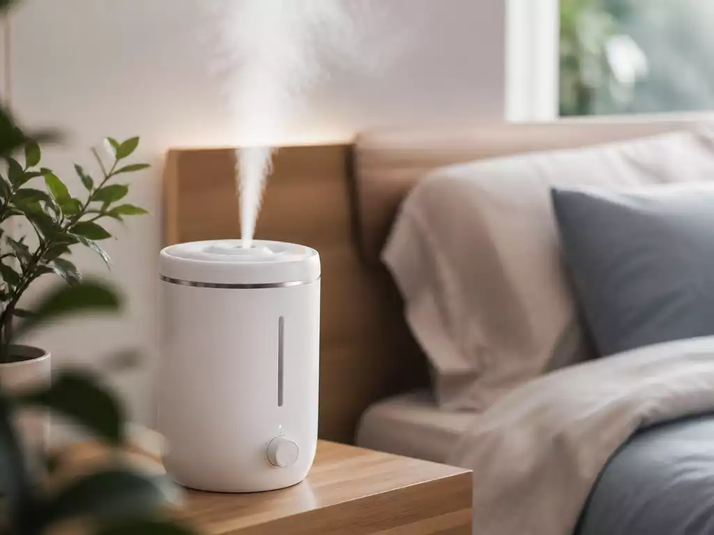 Modern humidifier releasing a fine mist in a cozy bedroom setting, enhancing air quality