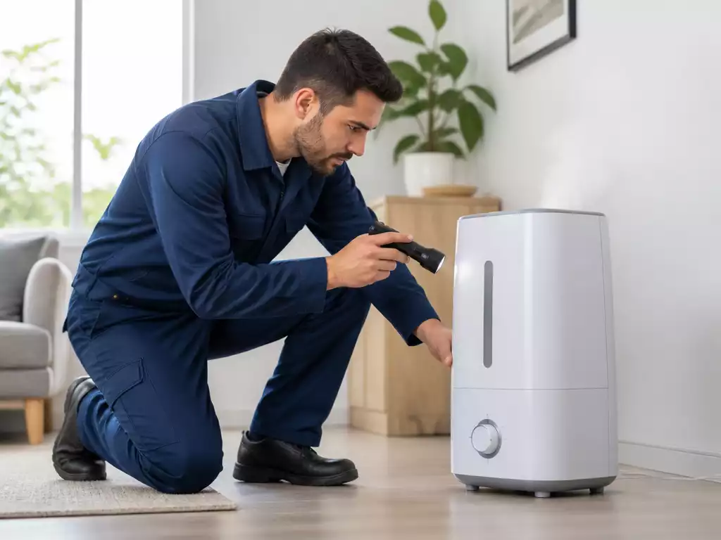 Professional inspecting a humidifier for leaks and unusual noises