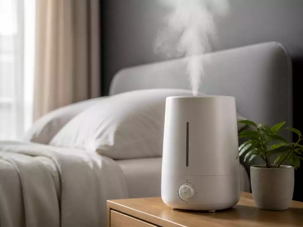 Modern humidifier emitting cool mist in a bedroom setting