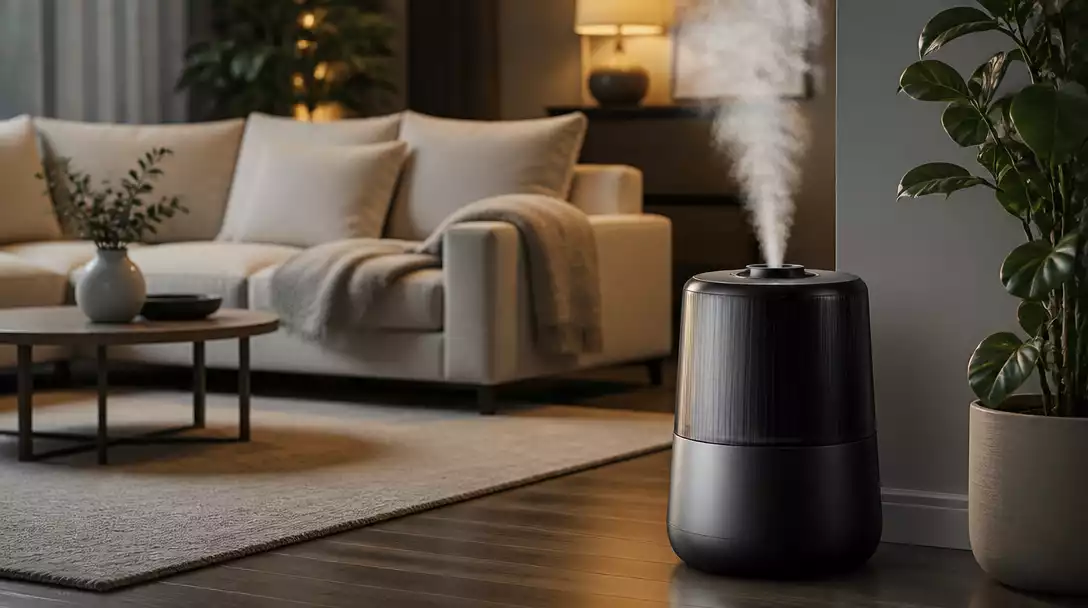 Honeywell humidifier operating in a modern living room, soft lighting, comfortable atmosphere
