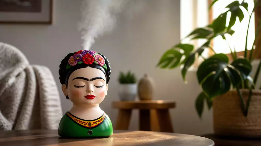 Frida Humidifier producing a visible mist in a cozy, well-lit room