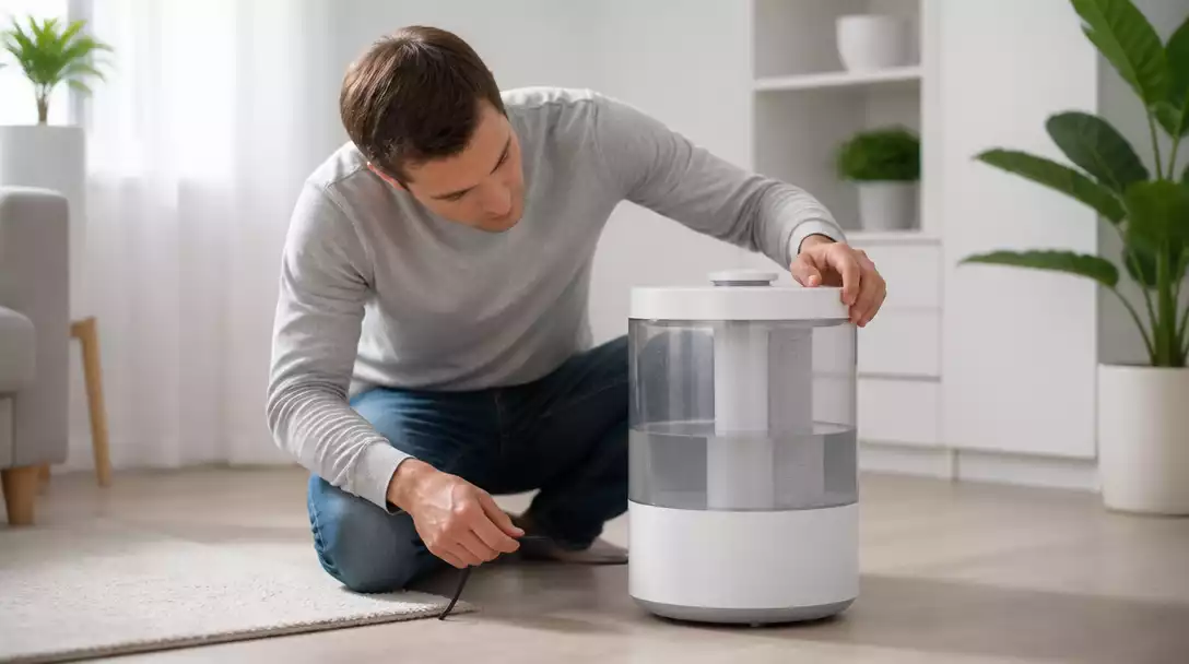 Person inspecting a pore humidifier for power and water issues