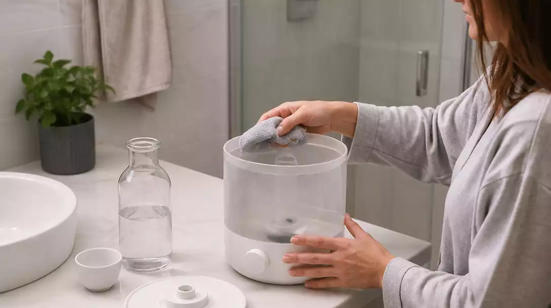 Person cleaning a Raydrop humidifier with a soft cloth and white vinegar, in a well-lit, clean bathroom setting
