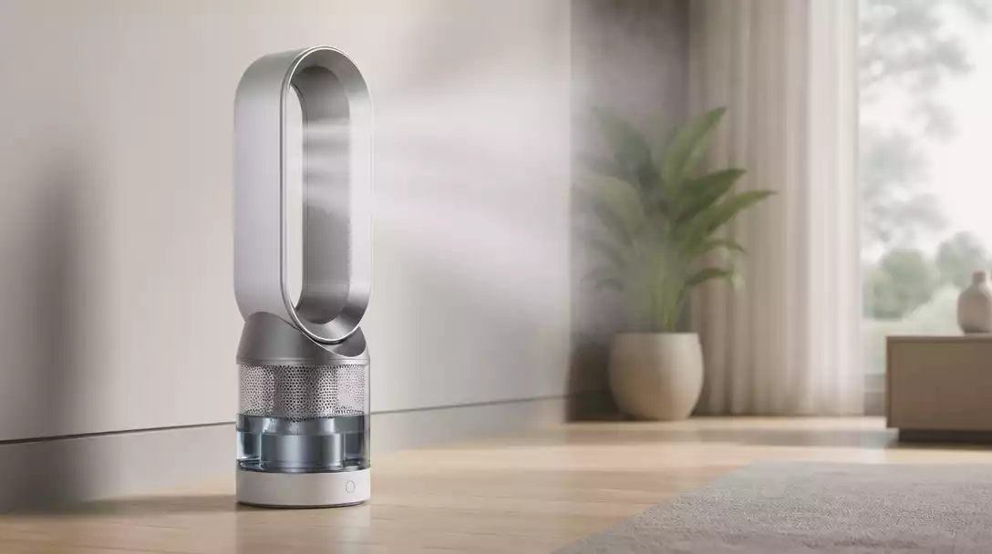 Dyson humidifier releasing invisible mist in a clean room setting
