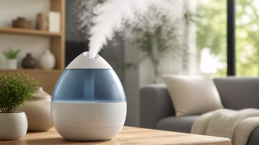 Homvana humidifier producing a strong, clean mist in a modern living room, no text, no words, no typography, 8K