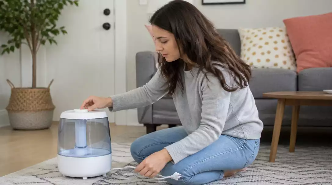 Person inspecting a Levoit humidifier for troubleshooting, checking power cord and water tank