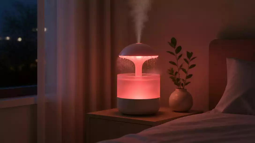 Canopy Humidifier with a soft red glow in a bedroom setting at night