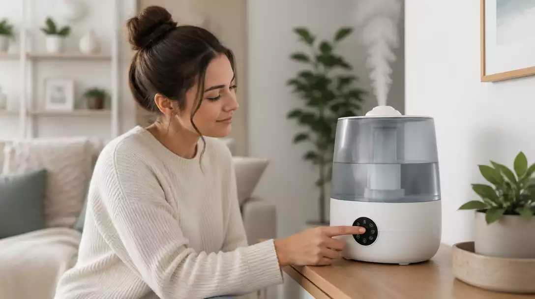 Person adjusting settings on a smart Levoit humidifier, with a clean, modern home background