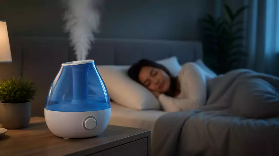 Vicks Humidifier in a modern bedroom setting, emitting a cool mist, with a person comfortably sleeping in the background