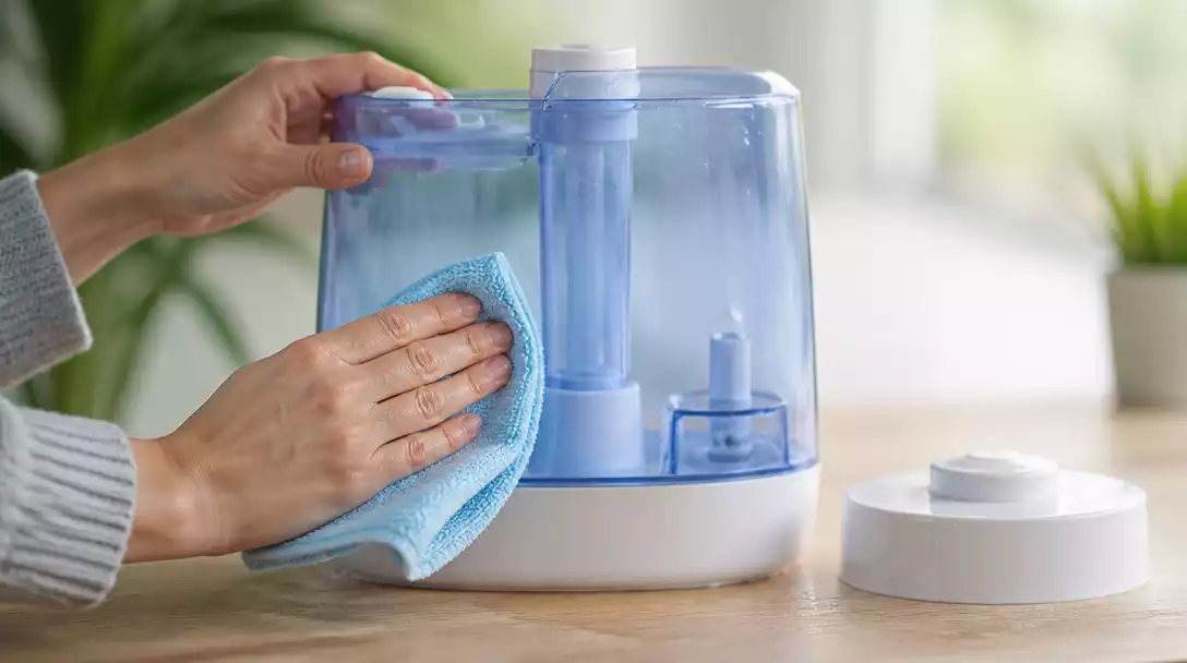 Aqua Oasis humidifier being cleaned, sparkling clean, water droplets, soft lighting