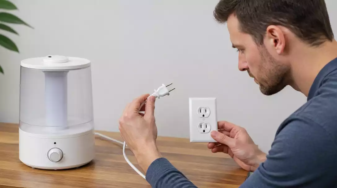 Person inspecting a humidifier's power cord and outlet for damage