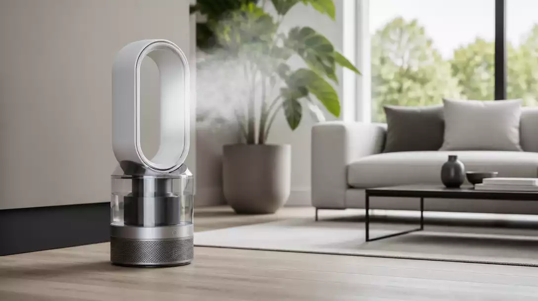 Modern Dyson humidifier operating in a clean, contemporary living room