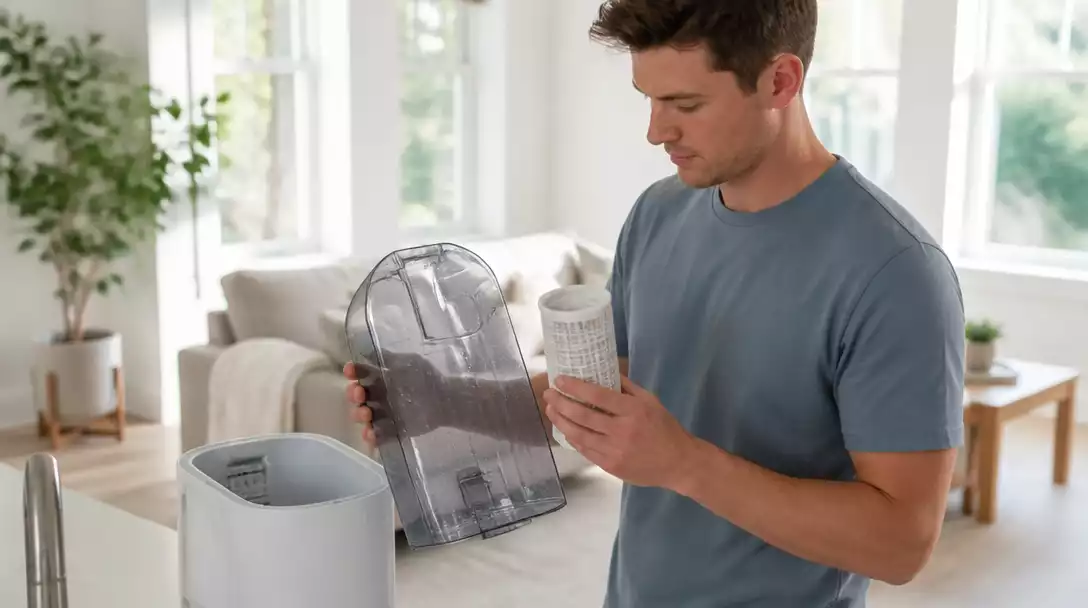Person inspecting a Holmes humidifier's water tank and filter