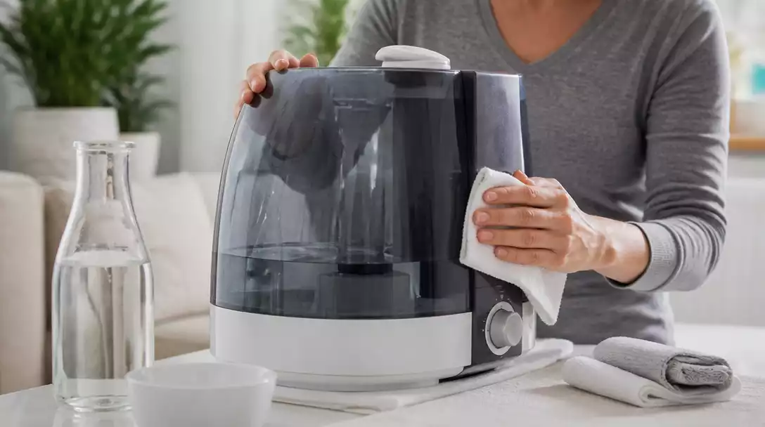 Person cleaning a Honeywell humidifier with cleaning supplies