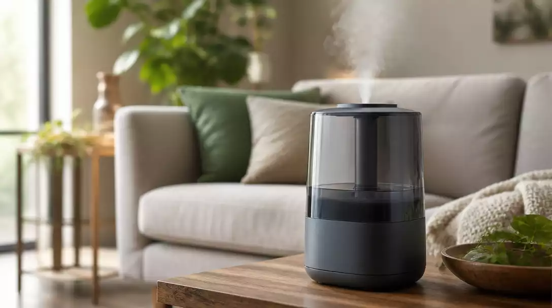Modern Honeywell humidifier operating in a cozy home living room