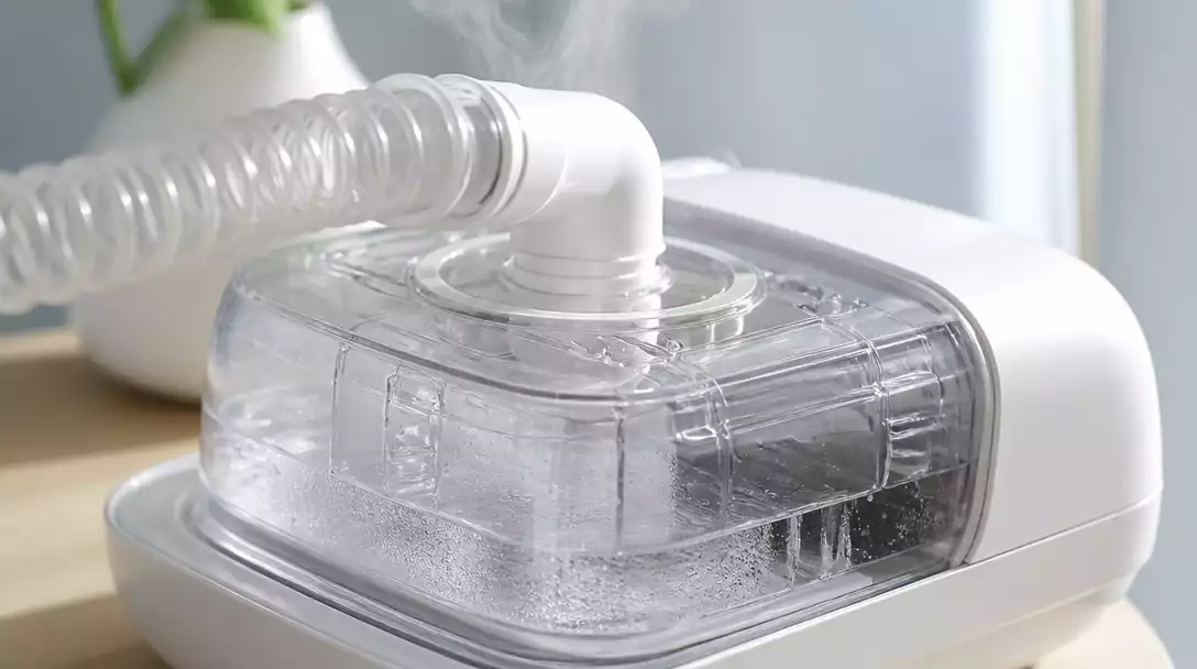 Close-up of a DreamStation Humidifier integrated with a CPAP machine, showing steam or mist for humidified air, clean image, no text, no words