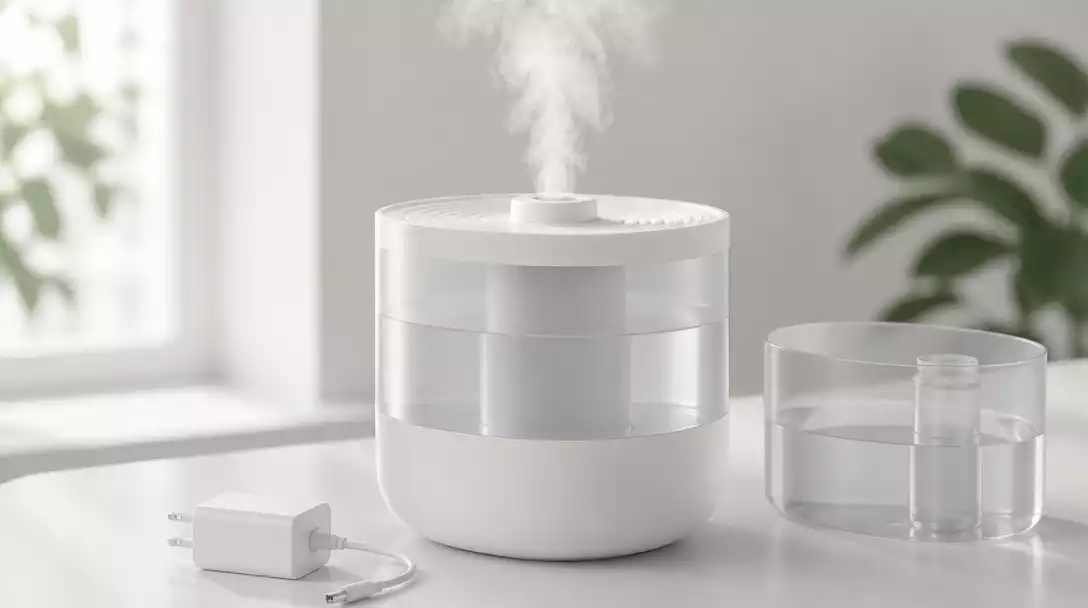 Homvana humidifier on a clean surface, mist gently rising, next to a water tank and power adapter