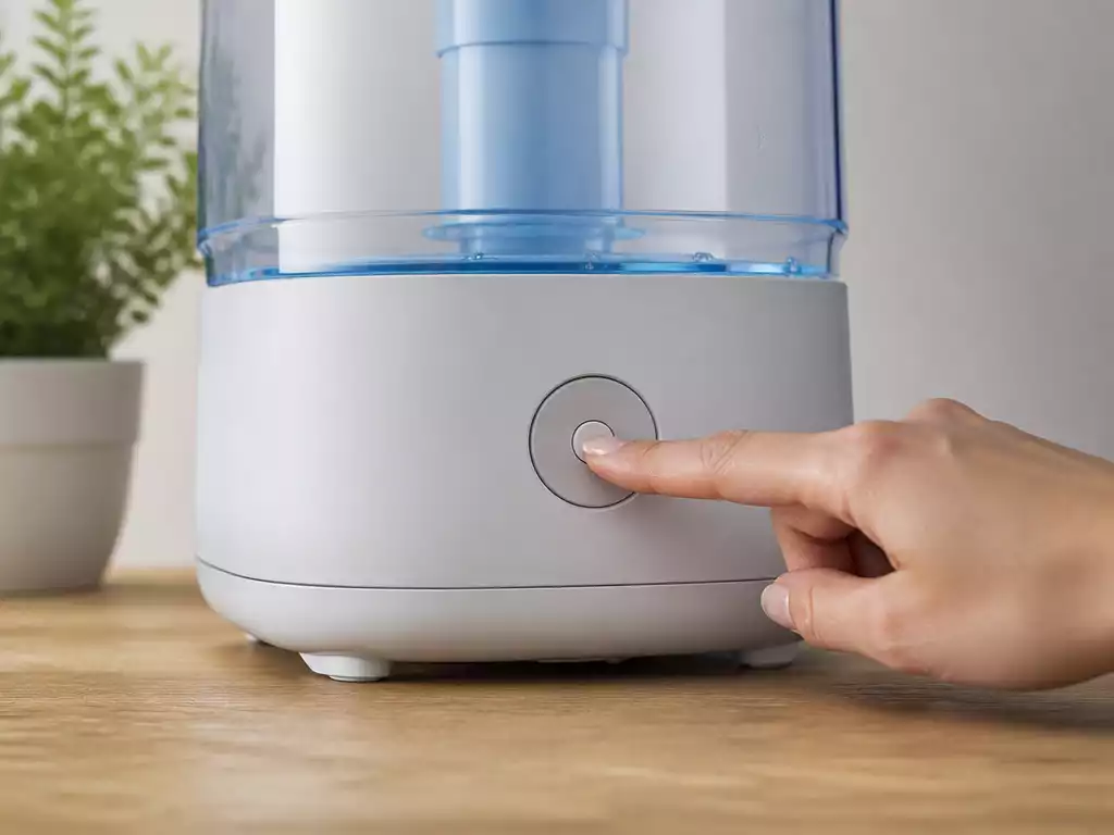 Person resetting a HoMedics humidifier by pressing a button
