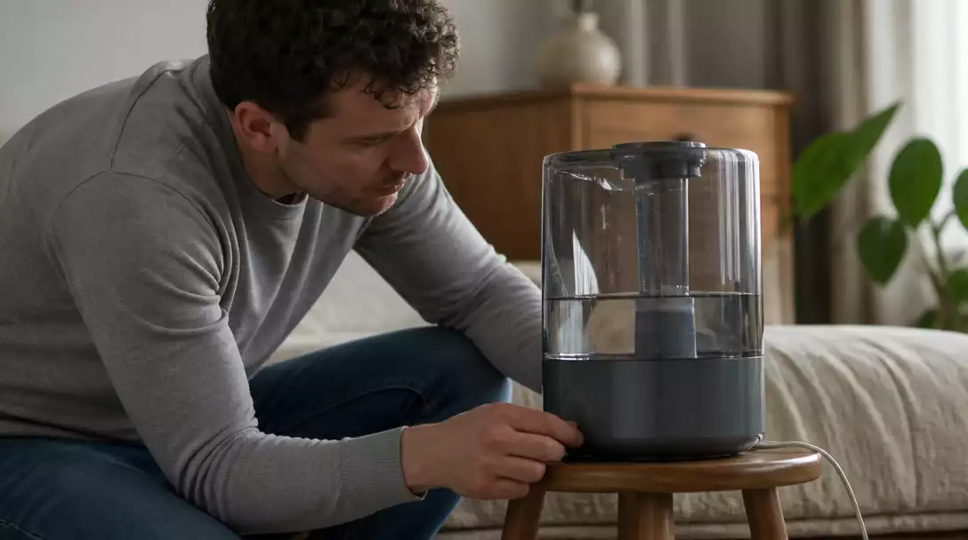 Person inspecting a MegaWise humidifier, checking water levels or power connections in a cozy home environment