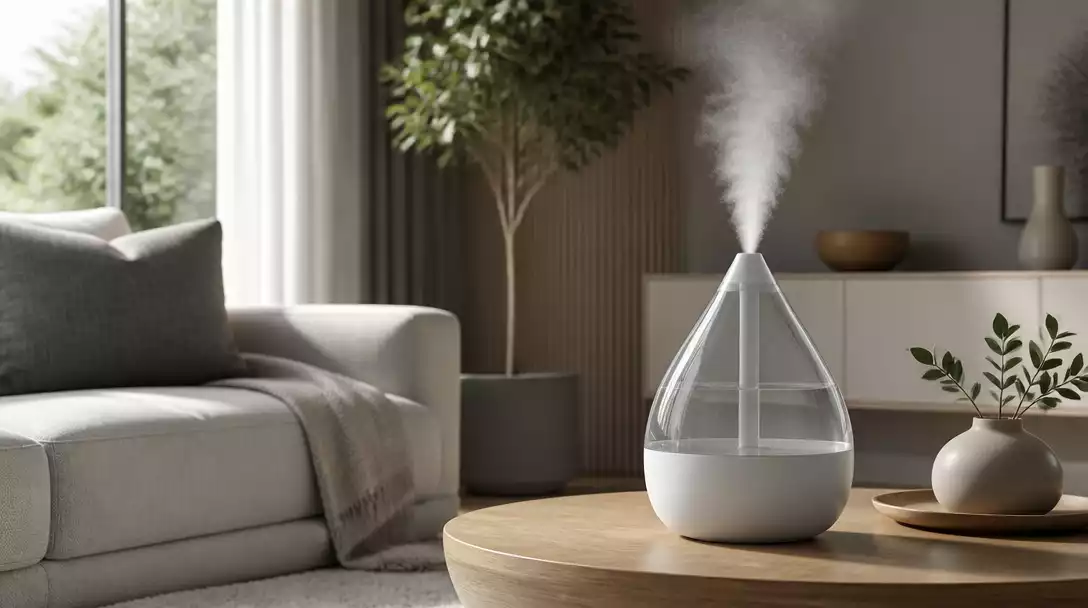 Raydrop humidifier in a modern living room, producing a fine mist, with soft natural light, no text, no words, no typography, no labels, clean image