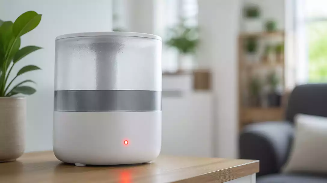 Levoit humidifier with a red light on, indicating an issue, in a modern home setting