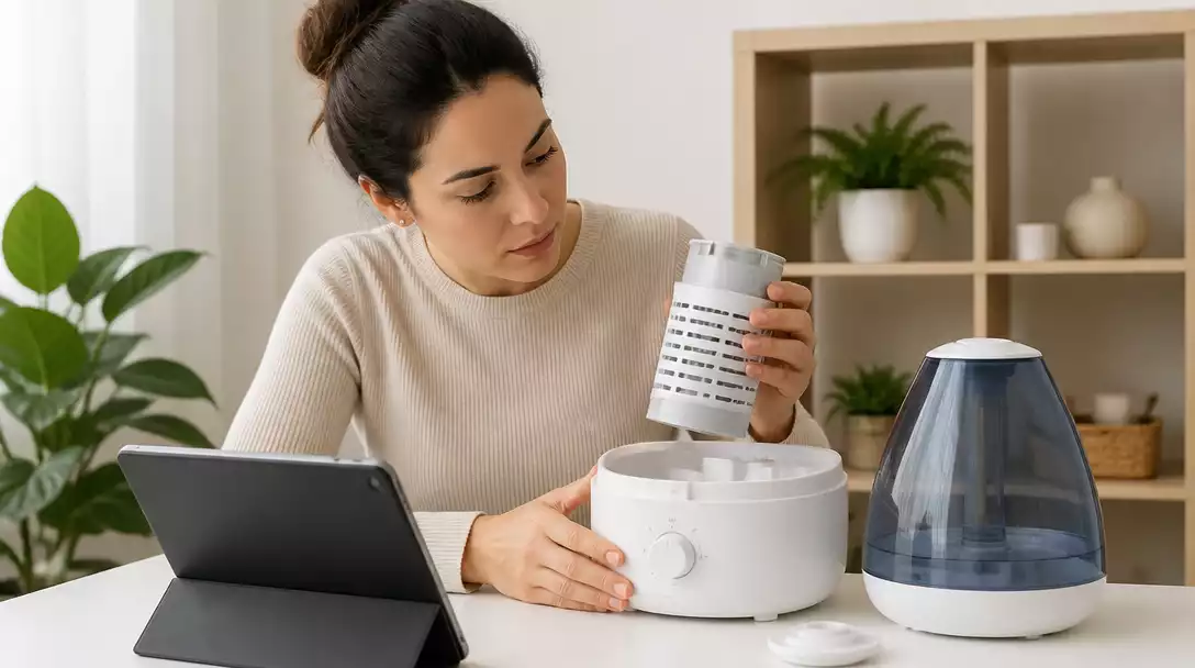AquaOasis humidifier troubleshooting steps with a person examining the unit