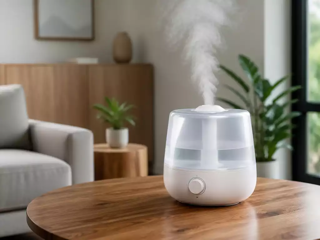 Vicks humidifier producing mist in a clean, modern room