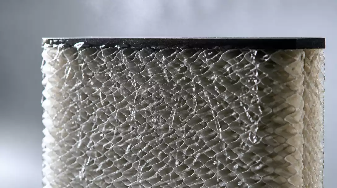 Close-up of an Aprilaire humidifier water panel, showing water absorption and evaporation