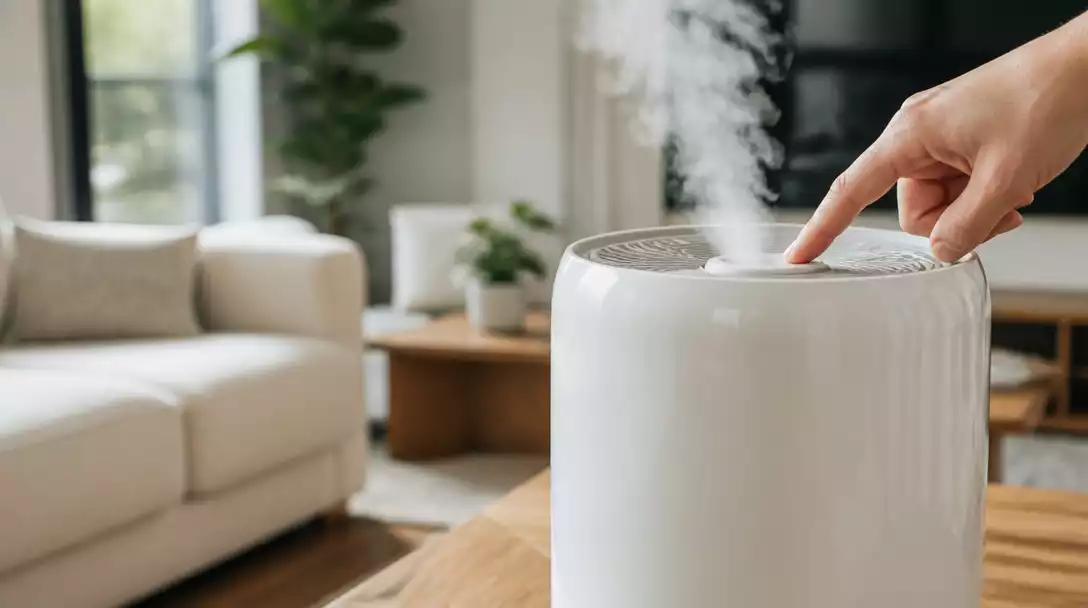 Person pressing a reset button on a Crane humidifier