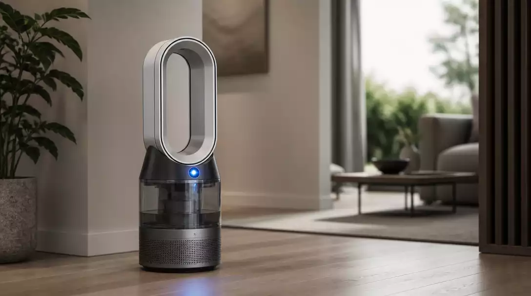 Dyson humidifier displaying a flashing blue light, indicating a status needing attention