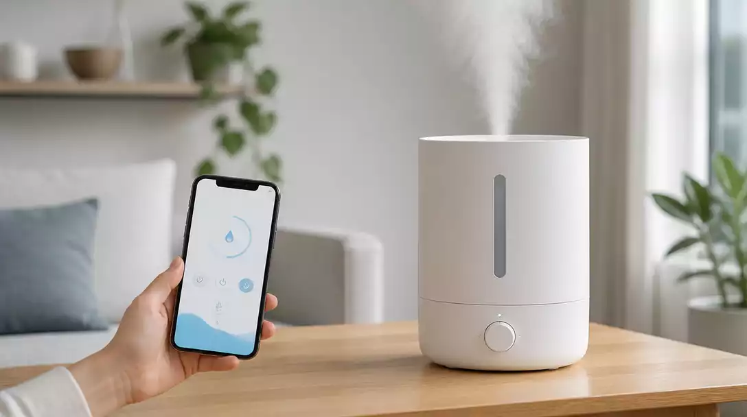 Modern humidifier with a smartphone showing its control app, clean background