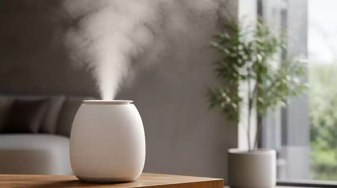 Close-up of a Junichy humidifier misting, with a focus on the fine mist output, in a clean, modern home setting